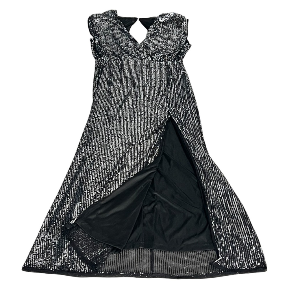 Black Silver Sequin Maxi Dress M Deep V Slit Glam Evening Gown - Picture 14 of 16